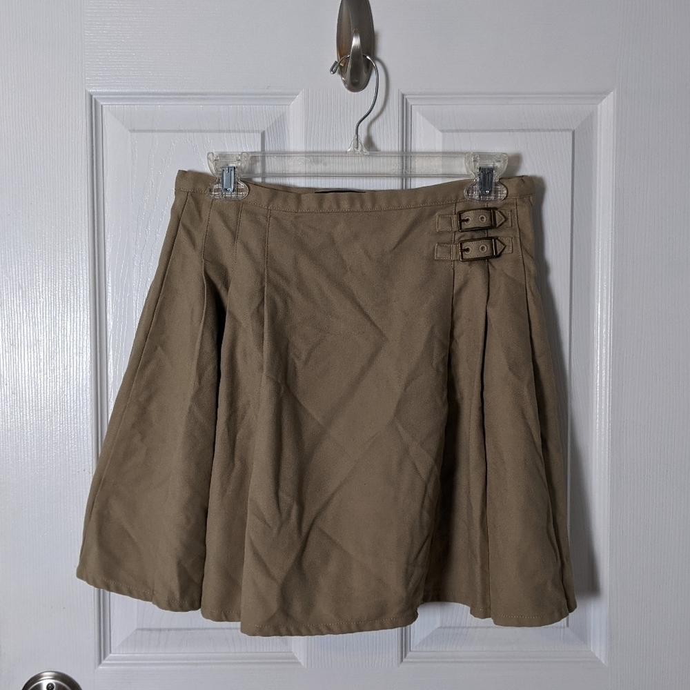 Retro Y2K Lands' End Pleated Buckle Front‎ Tan Academia Khaki Mini Skirt Size 2